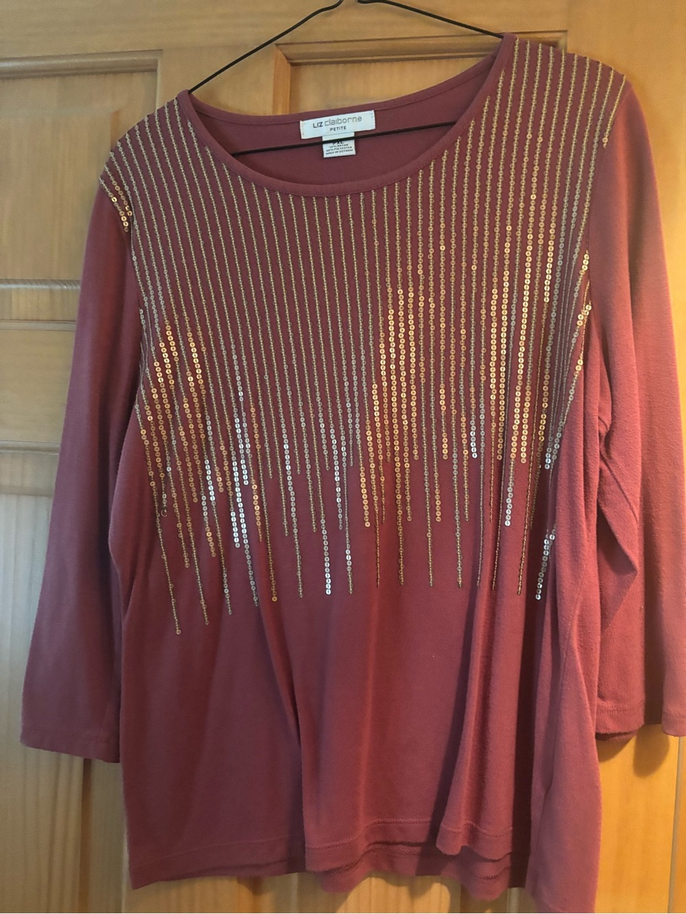 Liz Claiborne Rust Long Sleeve Top with Gold Sequin Stripes